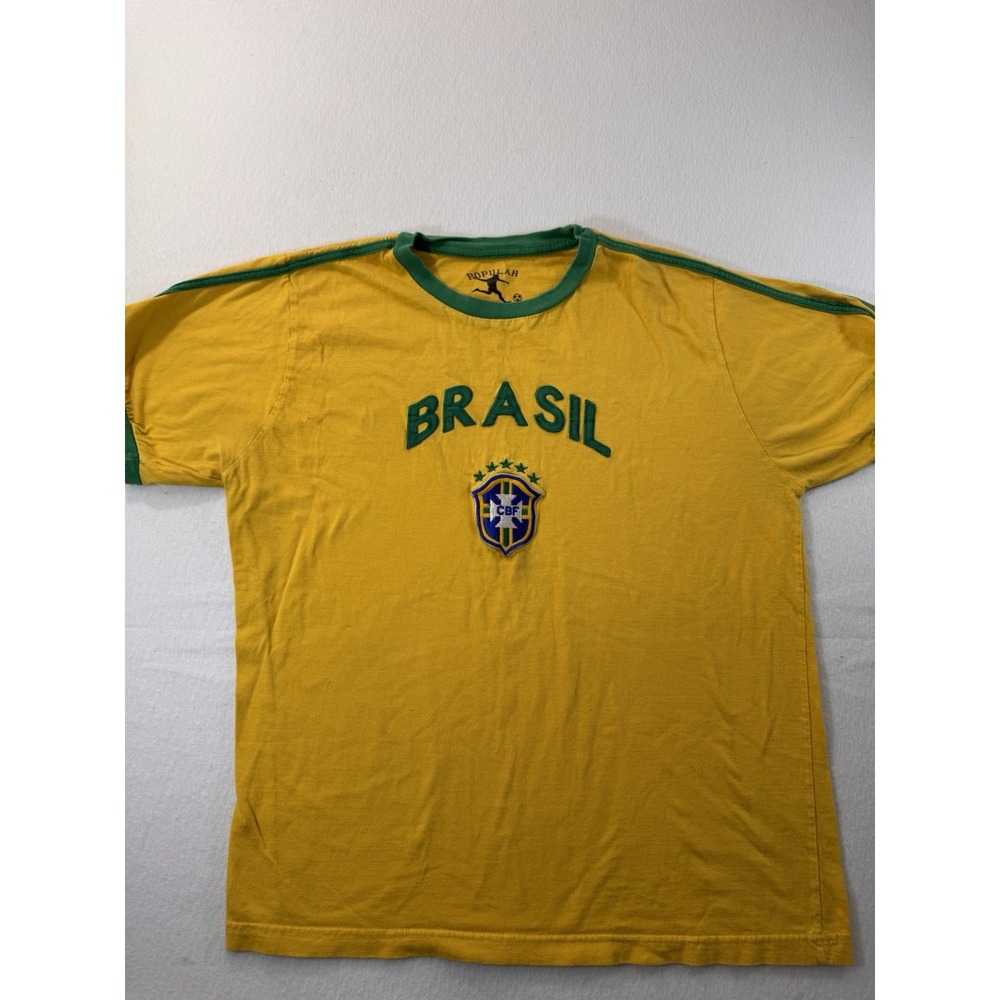 Popular Sports Mens Brazil T Shirt XL Yellow Green Stripe Embroidererd Fulbol
